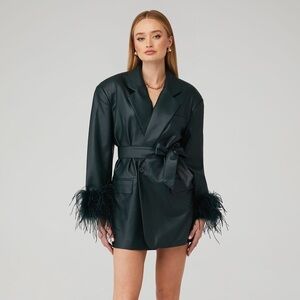 Lamarque Galia Blazer Dress Jacket Feather Trim Dark Jade XS/S